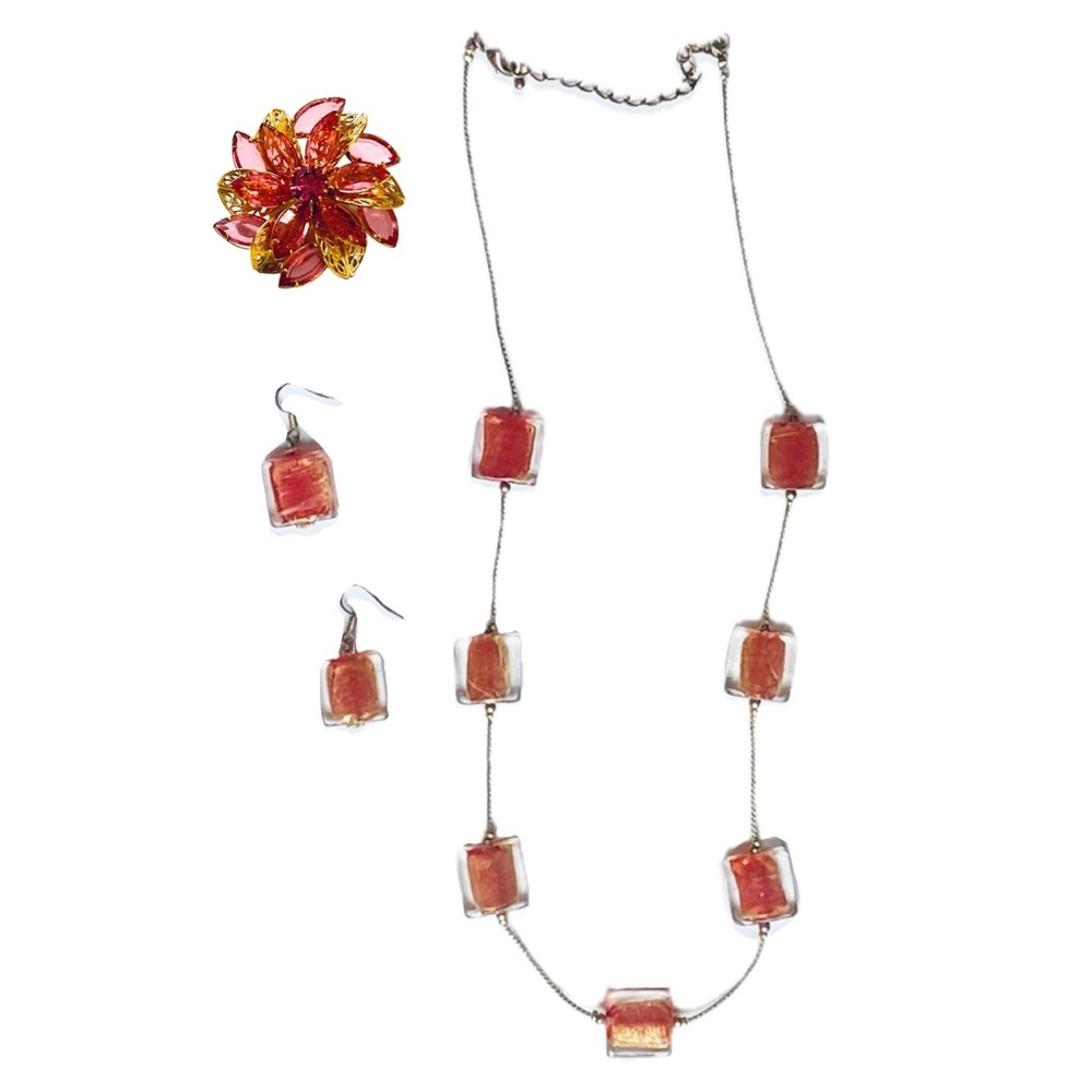 Vintage Coral Color Necklace Gold Chain & Broach
